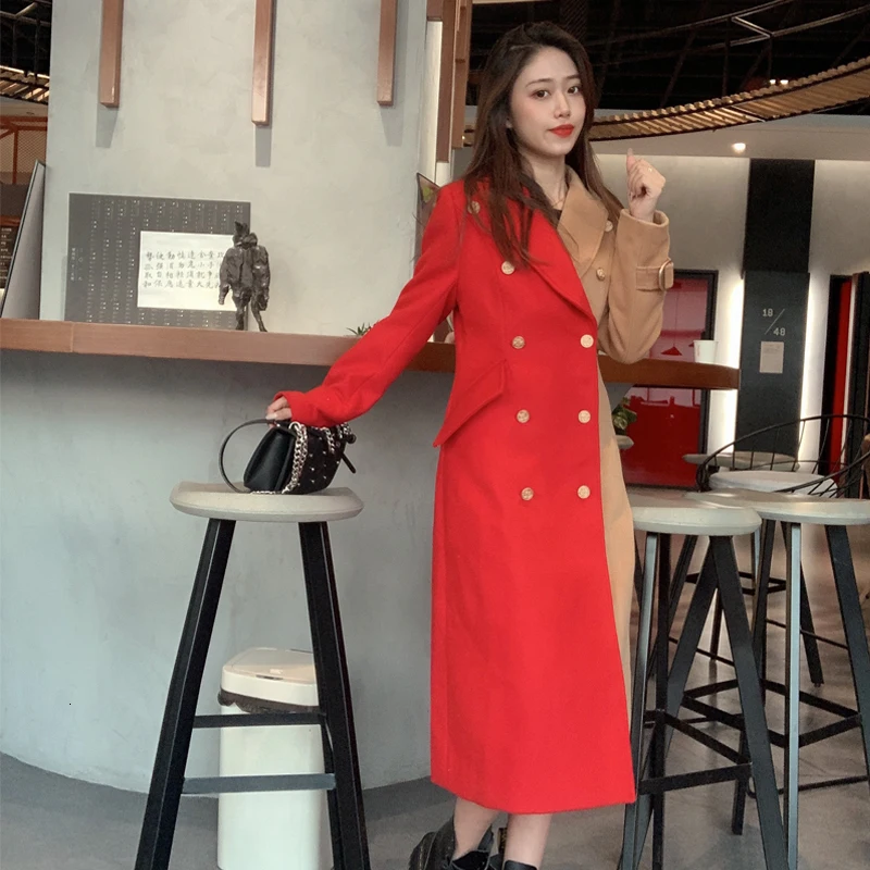 

2019 Woolen Coat Female Long Section Winter New Thick Color Contrast Collar Lapel Double-breasted Coat F626