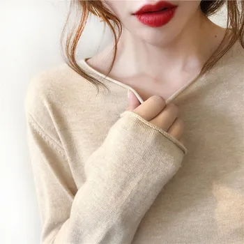 

women girls lady autumn spring new slim Slash neck long sleeve basic knitted shirt woman thin sweater pullover tops