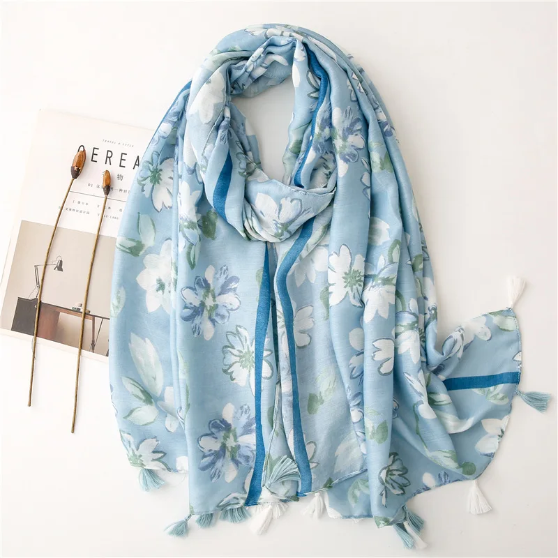 Ladies Fashion Sky Blue Lovely Pure Floral Tassel Viscose Shawl Scarf Autumn Soft Pashmina Stole Bufandas Muslim Hijab 180*90Cm