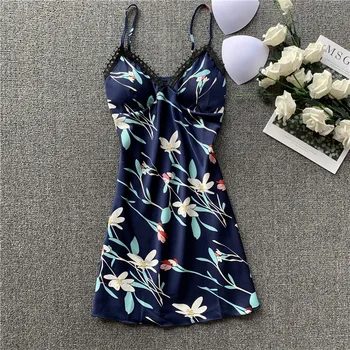 

Summer Sexy Flower Print Satin Sleeveless Nightgown Nightdress Soft Homewear Silk Print Women Deep V-neck sling Sleepwear