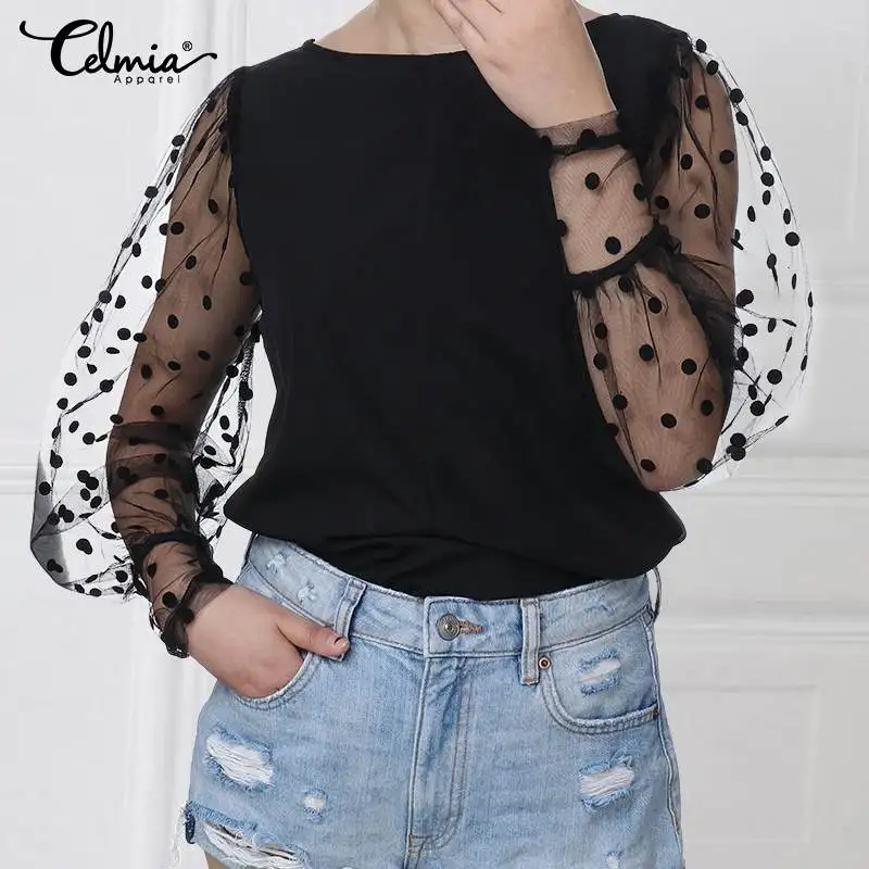 

Summer Sexy See Through Blouse 2019 Celmia Casual Puff Sleeve Loose O-Neck Pleated Polka Dot Top Shirts Plus Size Elegant Blusas