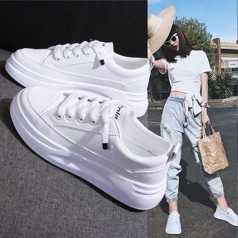 

White Shoes Women's Autumn & Winter New Style Female Students Shoes Thick Bottomed Extra High Casual Versatile Leather Athletic