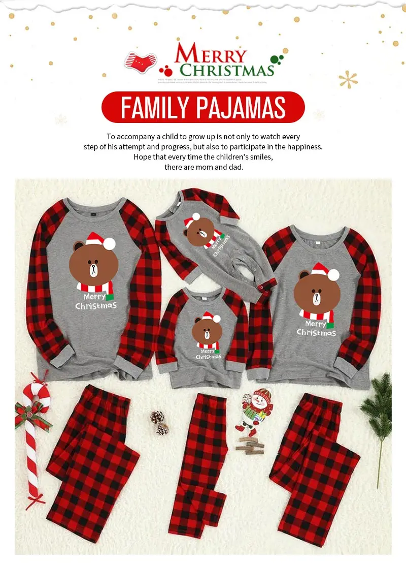 Семейные рождественские пижамы с мультяшным медведем для папы, мамы, ребенка, девочки, мальчика, Детский комплект с принтом, милая Пижама клетчатая зимняя одежда для мамы и дочки, вид
