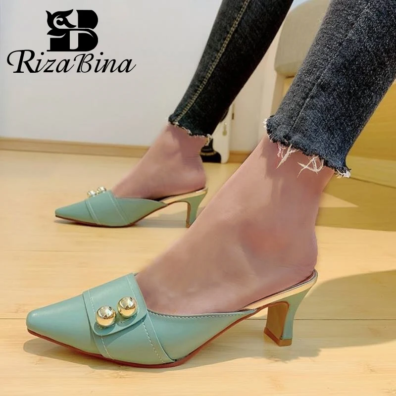 RIZABINA Mid Heel Women Sandals Pointed Toe Summer Ladies Shoes String Beads Casual Thick Slip On Slippers Size 35-39 | Обувь