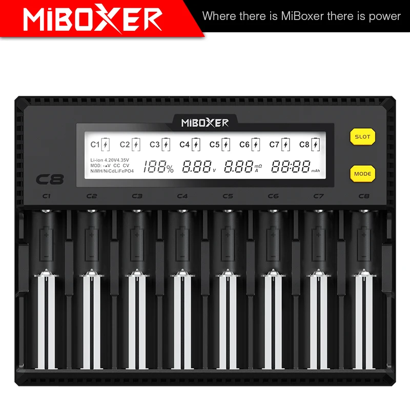 MiBOXER C8 Battery Charger 8 Slots LCD Display for Li-ion LiFePO4 Ni-MH Ni-Cd AA 21700 20700 26650 18650 17670 RCR123 18700