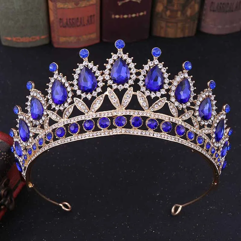 FORSEVEN Vintage Handmade Rhinestone Crown Luxury Headbands Bridal Weeding Tiara Women Party Jewelry Accessories JL - Окраска металла: Синий