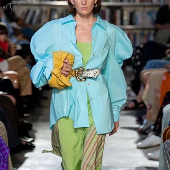 

Ailigou 2020 Summer Women'S Sky Blue Shirt New Fashion Tide Bubble Sleeve Shirt Loose Casual Lapel Button Ladies Shirt