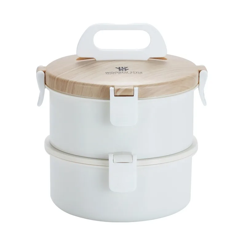 Stainless Steel 2-layer Lunch Box Sealed Leakproof Thermal Bento Box Portable Food Container Wooden Cover Picnic Lunchbox - Color: 2 layers white