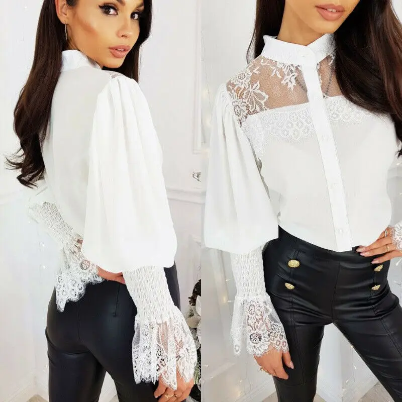 Hirigin Lace Puff Sleeve OL Shirt Blouse Women Summer Ladies Casual Elegant  Buttoned  Tops - 4.00061E+12