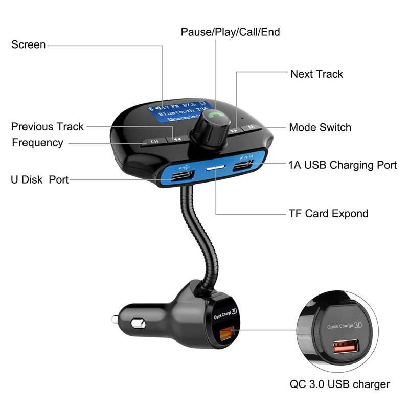 Bluetooth fm-передатчик для автомобиля, беспроводной радио адаптер автомобильный комплект поддержка mp3-плеер sd-карта, быстрая зарядка 3,0 двойной USB Автомобильное зарядное устройство