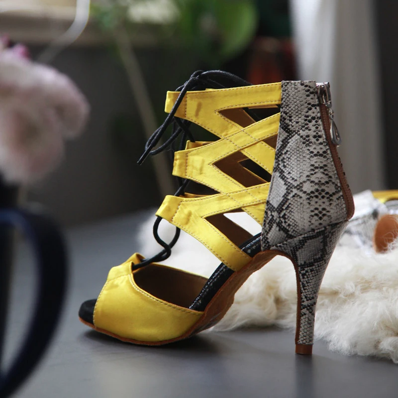 Evkoodance Latin Dance Shoes For Women Yellow Leather Salsa Dance Shoes