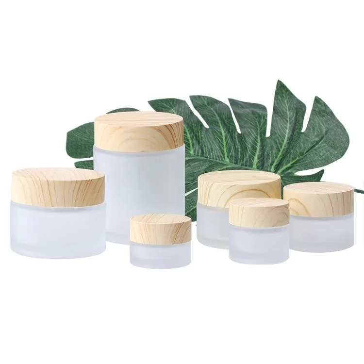 Frosted Glass Jar Cream Bottles Round Cosmetic Jars Hand Face Packing pitcher 5g 50g jug With Wood Grain Cover