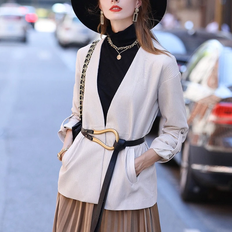 

Lambskin Natural Leather Women Leather V-neck Jacket Long Sleeves 100% Sheepskin Leather Coat H915