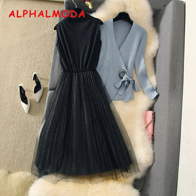 

ALPHALMODA 2019 Fashion Suit Dress Autumn Dress Slender Long Sleeve Sweater + Mesh Bottom Dress Elegant 2pcs Set
