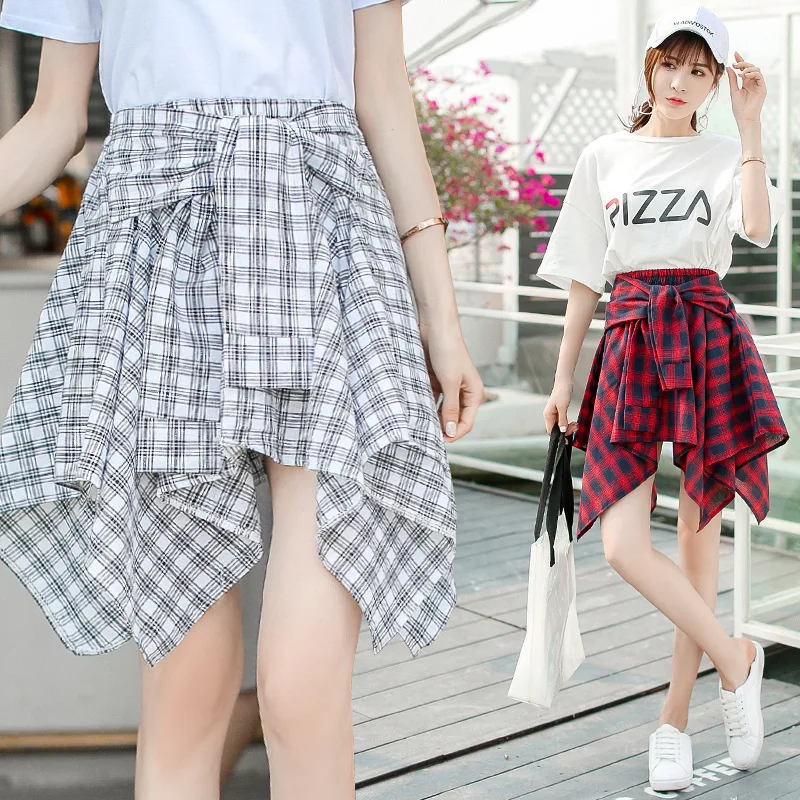 

Photo Shoot New Style Spring And Summer Korean-style Students Irregular Shirt Hong Kong Flavor Ulzzang Plaid Skirt Female Short