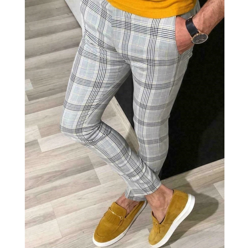 Fashion Men Formal Plaid Pants England Style Gentlemen Slim Fit Casual Long Pants Male Business Office Trousers Plus Size M-3XL