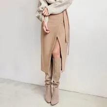 Женская замшевая длинная юбка Осень Зима Повседневная элегантная Офисная Женская юбка с запахом на шнуровке до середины икры миди-юбка с высокой талией Женская