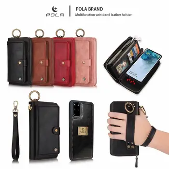 

POLA Multifunction Wristband Leather Holster Zip Wallet Card Case For Samsung Galaxy S20 + Ultra Magnetic Detachable Car Ring