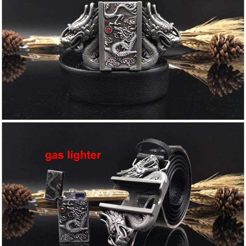 silver buckle Модный кожаный ремень с золотым Драконом и пряжкой, мужской пояс для самозащиты, персонализированный винтажный ремень с газовой зажигалкой - Цвет: silver buckle