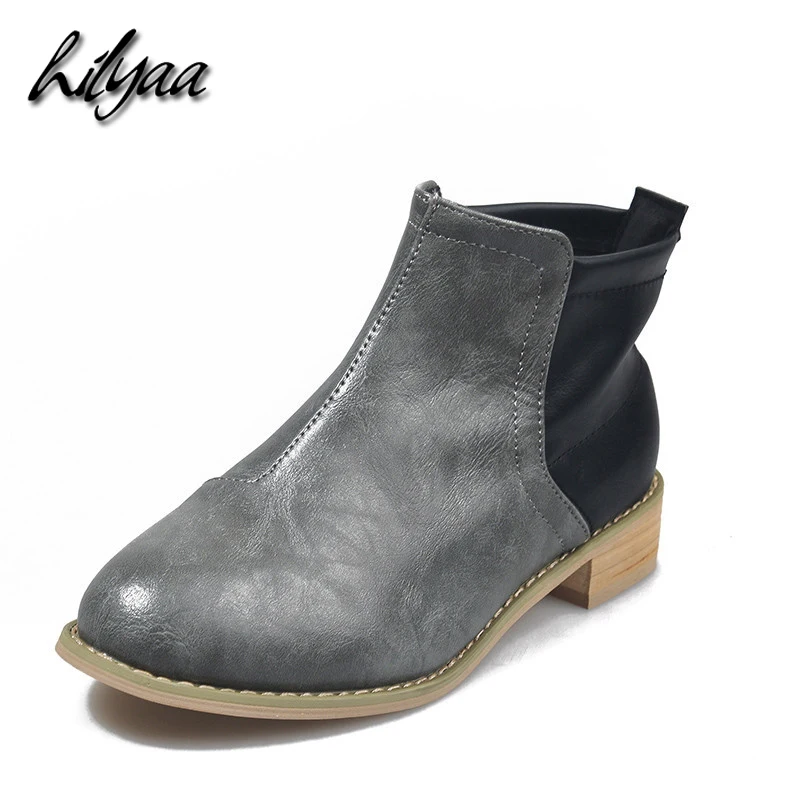 

Women Spring Autumn Ankle PU Boots Slip-on Round Toe 3.5cm Square Heel Solid Casual Female Retro Booties Size 35-43 botas mujer