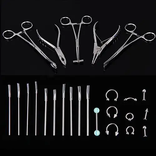 

1Set 316L Stainless Steel Body Ear Lip Piercing Forceps Pliers Needles Navel Nose Tongue Septum Forcep Clamp Tattoo Set