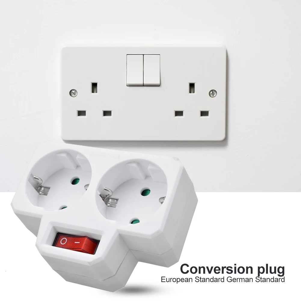 

German/EU Plug Conversion Socket 1 to 2 Way Power Adapter with Outlet Switch European/German Conversion Plug