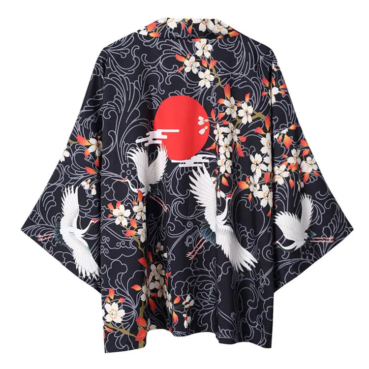 

Autumn Summer Japanese Kimonos Cardigan New Retro Pattern Crane Seven-point Sleeves Men And Women Casual Cloak Thin Loose Yukata