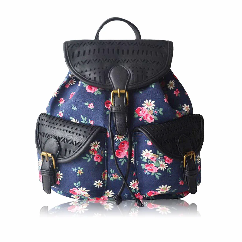 

Canvas printed bag student canvas shoulder bag European and American women's hollow PU bag backpacks