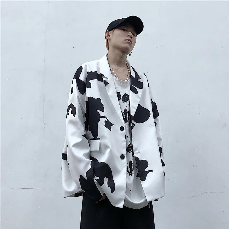 Vintage Streetwear Cow Pattern Long Sleeve Blazer Jacket Women Man Casual Single Breasted Pockets Loose Blazer Outerwear 2020