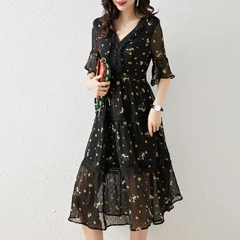 

2020 Summer French Floral Chiffon Dress Polka Dot V-neck A-line Dress Women