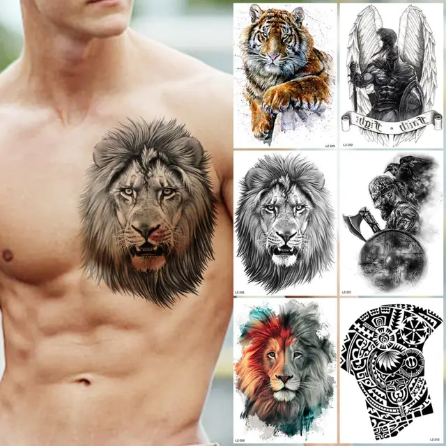 Tatouage temporaire de grand Lion noir pour hommes adultes, autocollant de chevalier à ailes réaliste, tigre Cool, bras de poitrine 1