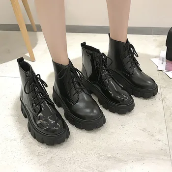 

New Fashion European Style Black Ankle Boots Flats Round Toe Black Lace-up Boots 2020 Women Autumn Platform Patent Leather Shoes
