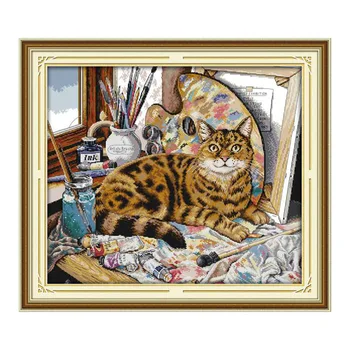 

Cat And Oil Painting Cross Stitch Embroidery Kits 14CT 11CT Pre-Printed Pattern Canvas Diy Needlework Crafts Handmade Home Decor