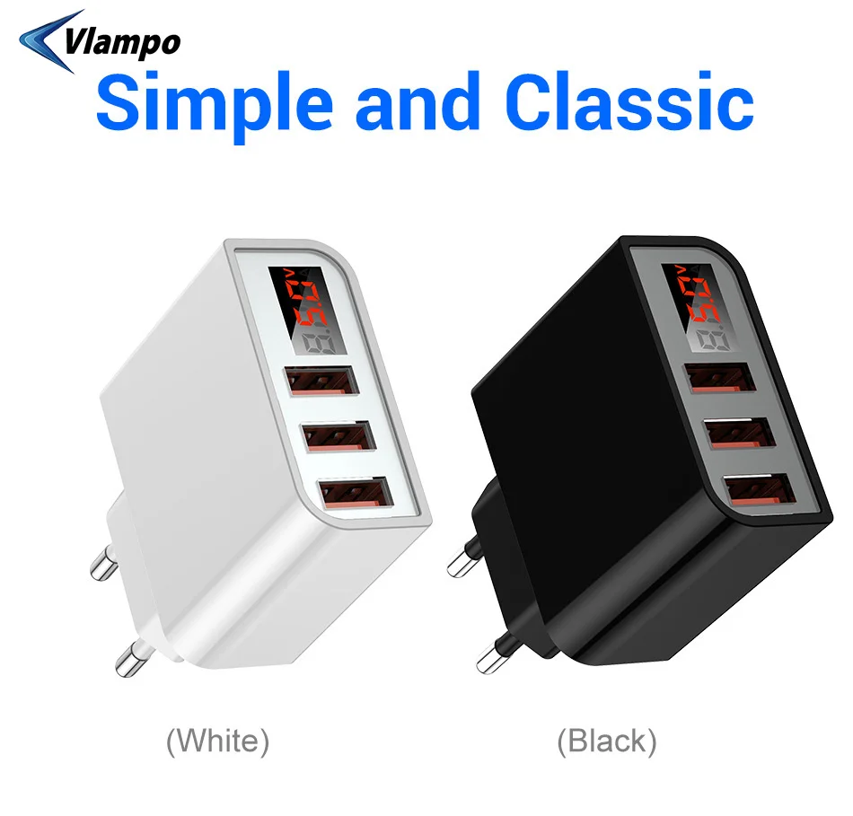 

VLAMPO Digital Display Phone Charger 3 Port USB 3.4A Smart Fast Charger Travel Wall Charger Adapter For iPhone Samsung Xiaomi