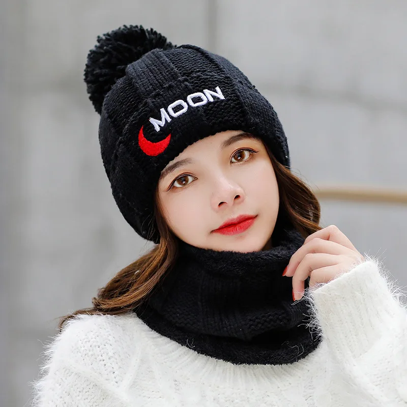 Black Cap Scarf Set Зимние женские теплые вязаные шапочки, шапка, шарф, набор, мягкие удобные женские утепленные шапочки, повседневная меховая шапка, дешевая черная, красная - Цвет: Black Cap Scarf Set