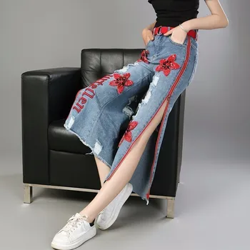 

XUXI 2019 Spring New Fashion Straight Trousers Sequin Embroidery Side Zipper Personal Jeans Ankle-Length Wide Leg Pants FZ0270
