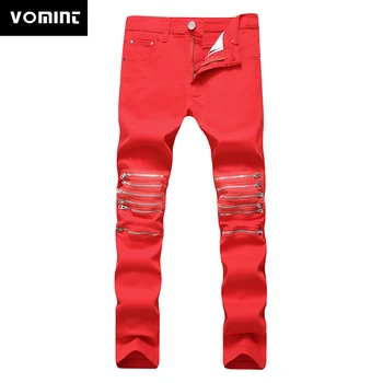 

New Male Club Men Jeans Red White Knee Multi Zipper Mens Brand Cotton Slim Fit Biker Denim Plus Size Skinny Pants