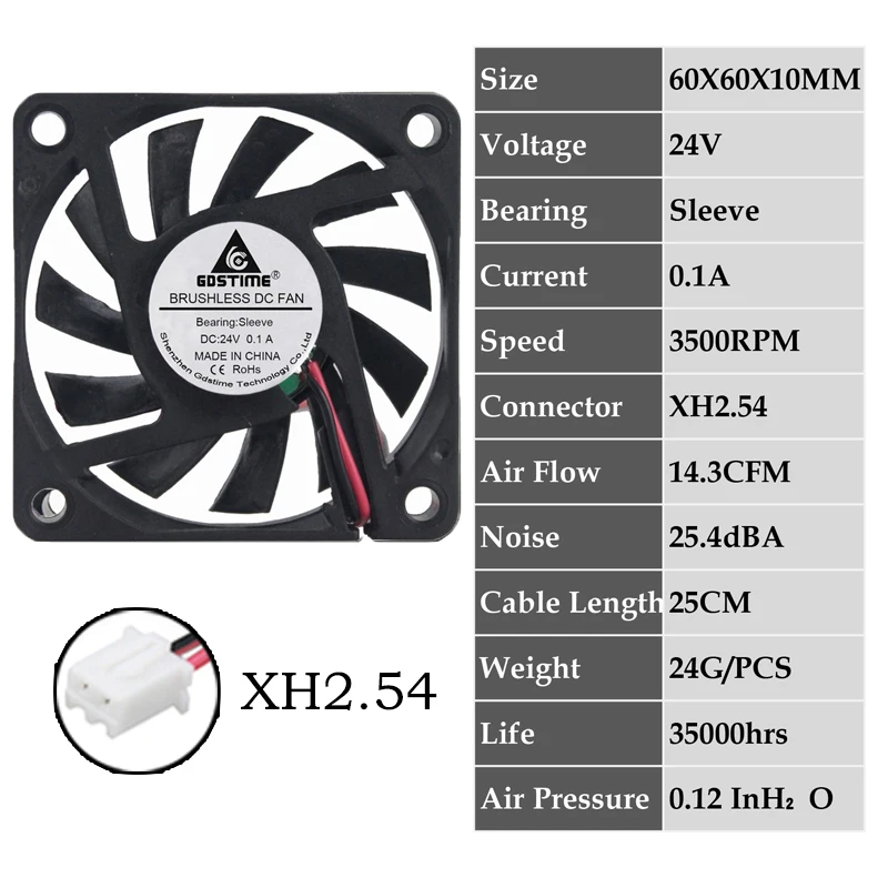 2 шт. Gdstime 2Pin DC 5 в 12 В 24 в 24 вольт 6 см 60x60x10 мм 60 мм двойной шариковый подшипник Бесщеточный вентилятор охлаждения 60 мм x 10 мм кулер - Цвет лезвия: 0.1A6010S24V2P2.54