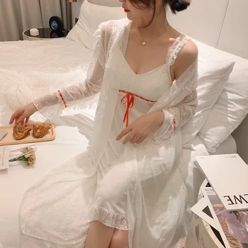 

Lace Pajamas Set Womens V-Neck Cami Pijama 3PCS Sexy Nightgown Kimono Robe Gown Lady Sleep Suit Sleepwear Wear Home Nighties