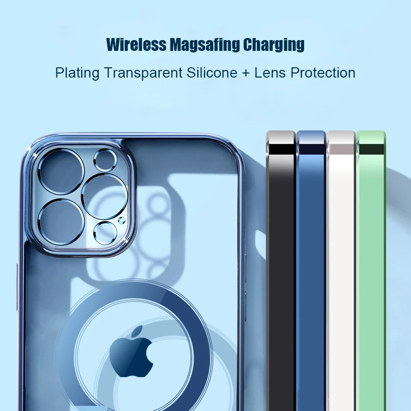 Luxury Plating  Magnetic Case for iPhone 13 12 11 Pro Max Mini Wireless Charger Magsafing Magnet Lens Protection Back Cover magsafe charger wireless