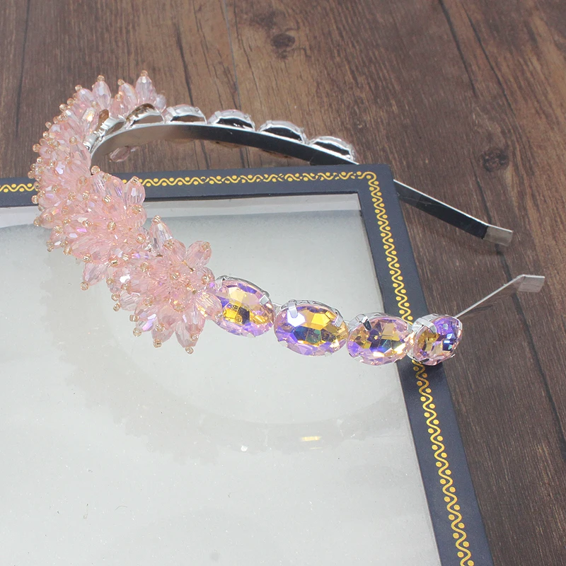 Baroque Fashion Handmade Personality Pink Transparent Crystal Flower Wild Geometric Headband Small Particles Luxury Headband