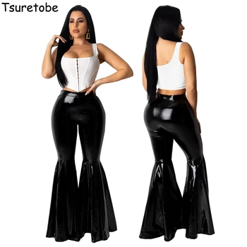 

Tsuretobe Fashion Patent Leather Ruffle Flare Pants Wide Leg Women Colorful PU Leather High Waist Bell-Bottoms Retro Trouser