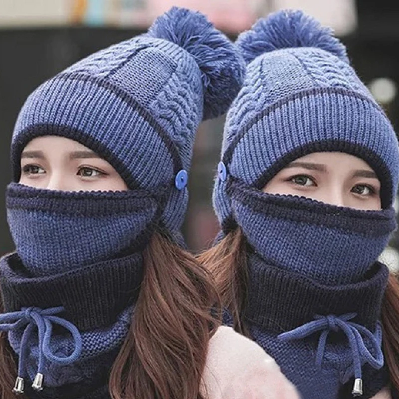 3 шт./компл. Для женщин зимние вязаные круглые шапки без полей из плотного бархата нагрудник маска для ушей головные уборы Skullies Beanie шляпа для верховой езды Шапки женская теплая вязаная шерстяная Кепки
