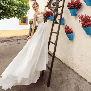 

Elegant O-neck A-line Wedding Gowns 2020 Three Quarter Lace Applique Plus Size Chiffon Bridal Dresses