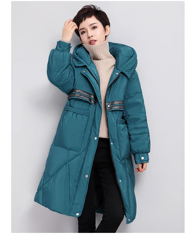 Thick Hooded down Jacket Women's Mid-length Winter New Style Stripes Korean-style Loose And Plus-sized Warm Coat