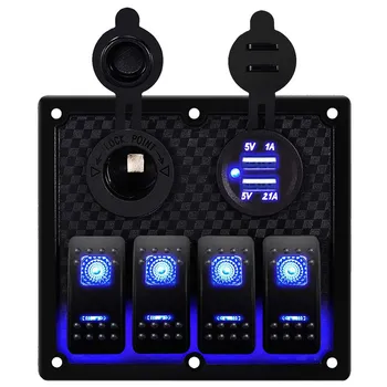 

12V-24V 4 Gang Car Marine Boat Circuit RV LED Toggle Rocker Switch Panel Breaker Voltmeter with Fuse Double USB for RV Car Boat
