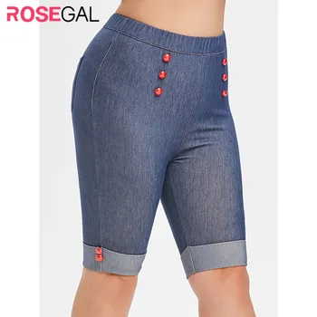 

ROSE GAL Buttoned Cuffed Hem Chambray Plus Size Knee Length Shorts High Waisted Shorts Skinny Pencil Women Shorts Elastic Waist