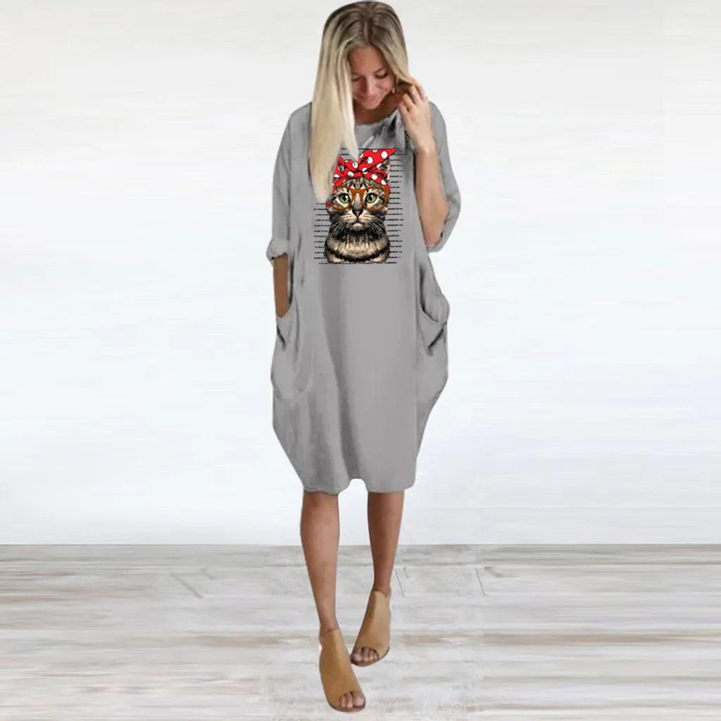 Cat Long Dress Women Plus Size 3XL O-Neck платье Summer Fashion HOT Long Sleeve Printed Short Mini Autumn A-Line Dress Wholesale