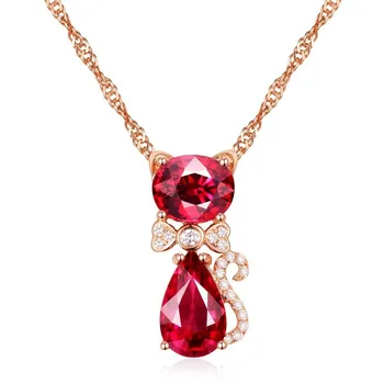

Fashion Cat Red Ruby Pendant Necklace For Girl 14k Rose Gold Color Red Gemstone Zircon Diamond Pendant Jewelry Female clavicle