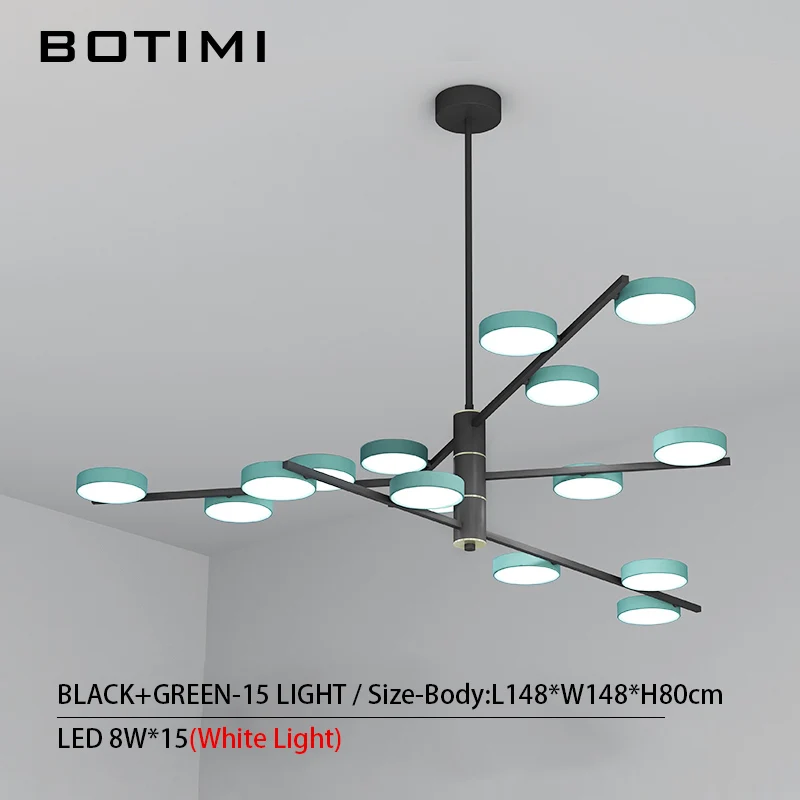 15 Light-Black Green BOTIMI, современный светодиодный светильник 220 В, люстра для гостиной, Холла отеля, блестящая черная металлическая люстра для спальни, подвесные светильники для столовой - Цвет абажура: 15 Light-Black Green